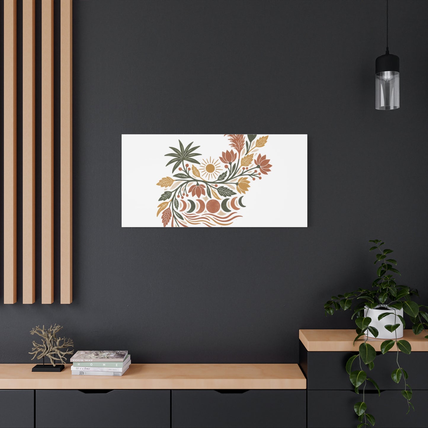 Boho Floral Moon Phase Canvas Print — Matte Stretched Wall Art