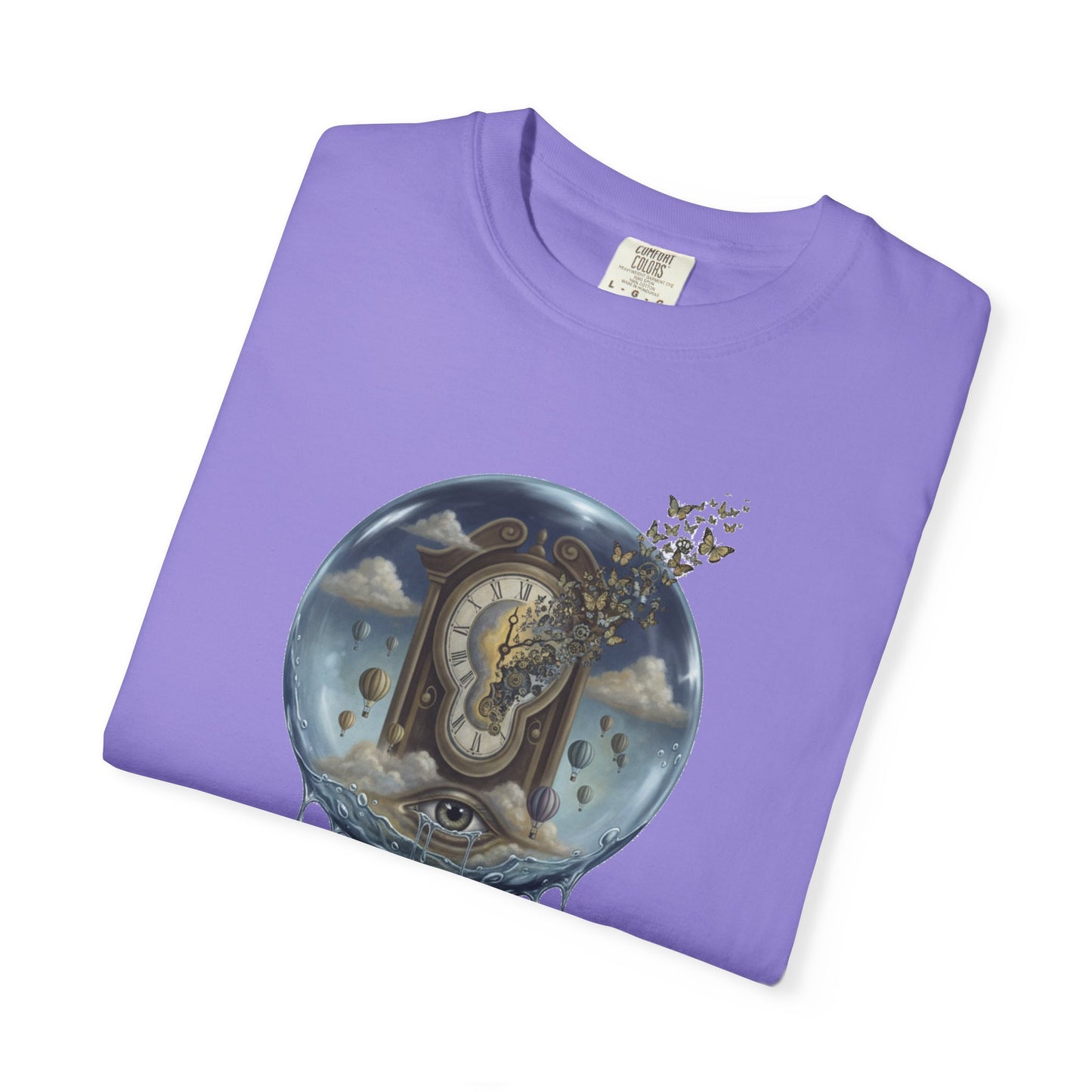Surreal Tea Time T-Shirt — Dreamscape Cup & Floating Clock Graphic