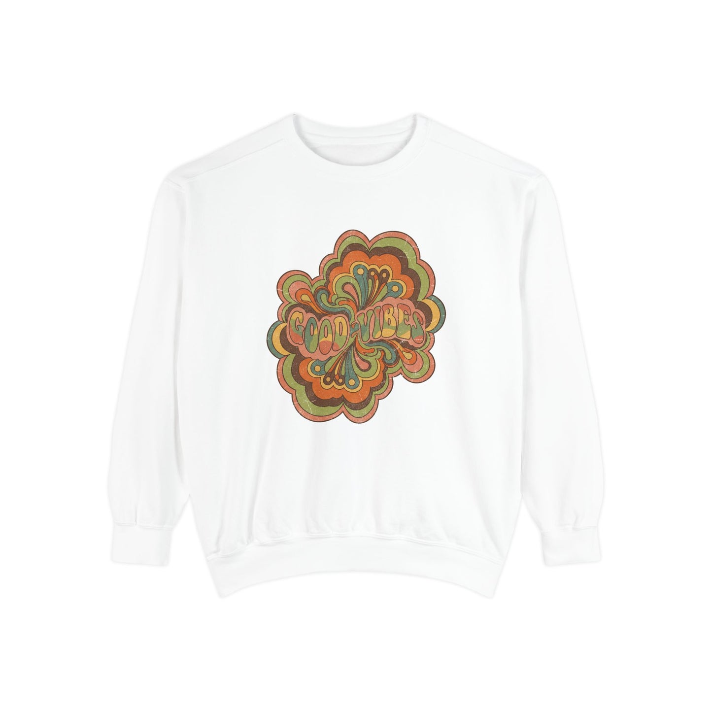 Retro 'Good Vibes' Garment-Dyed Sweatshirt — Vintage Mushroom Graphic