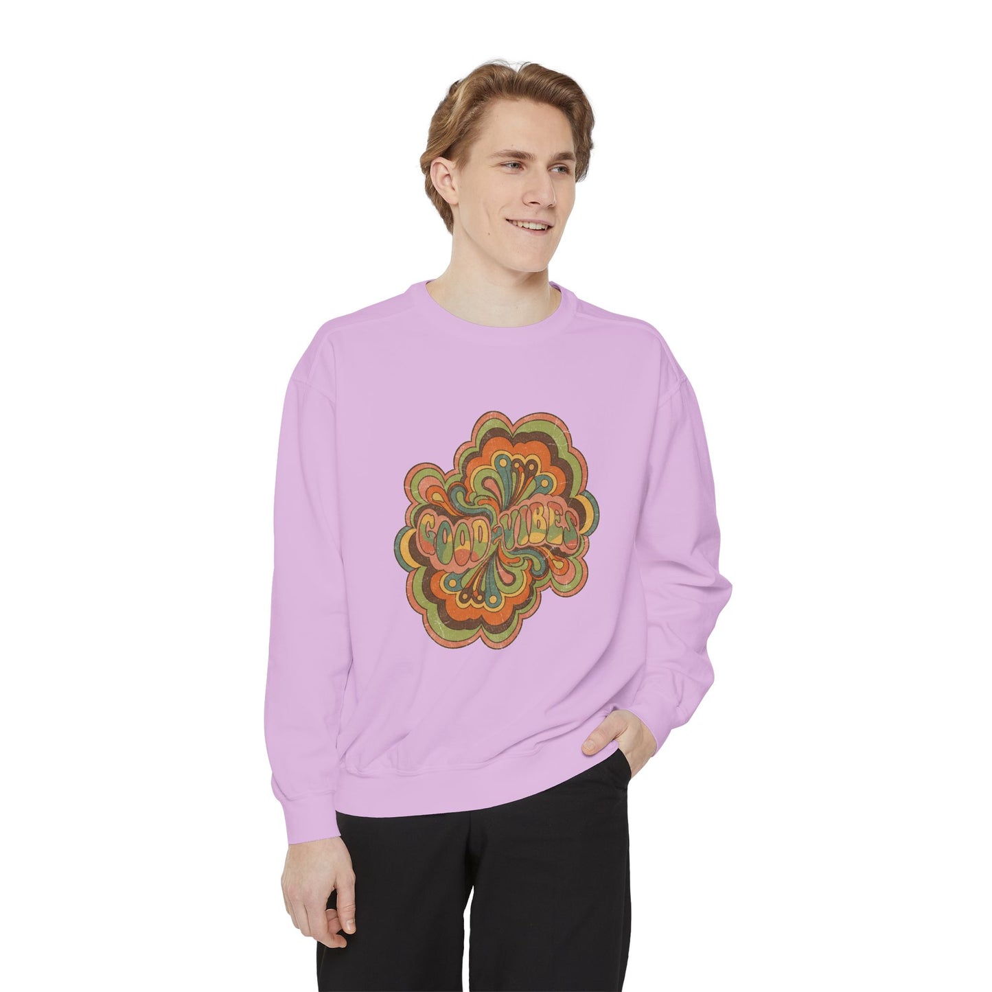 Retro 'Good Vibes' Garment-Dyed Sweatshirt — Vintage Mushroom Graphic