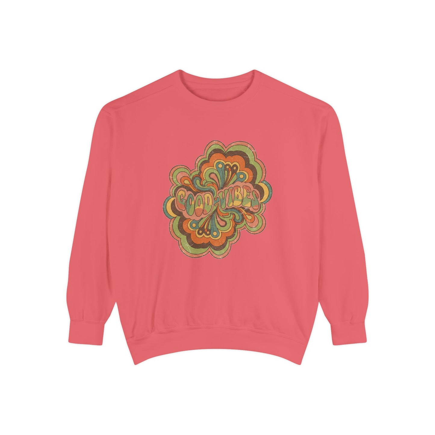 Retro 'Good Vibes' Garment-Dyed Sweatshirt — Vintage Mushroom Graphic