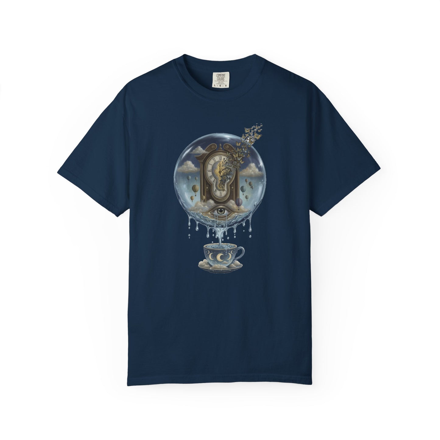 Surreal Tea Time T-Shirt — Dreamscape Cup & Floating Clock Graphic