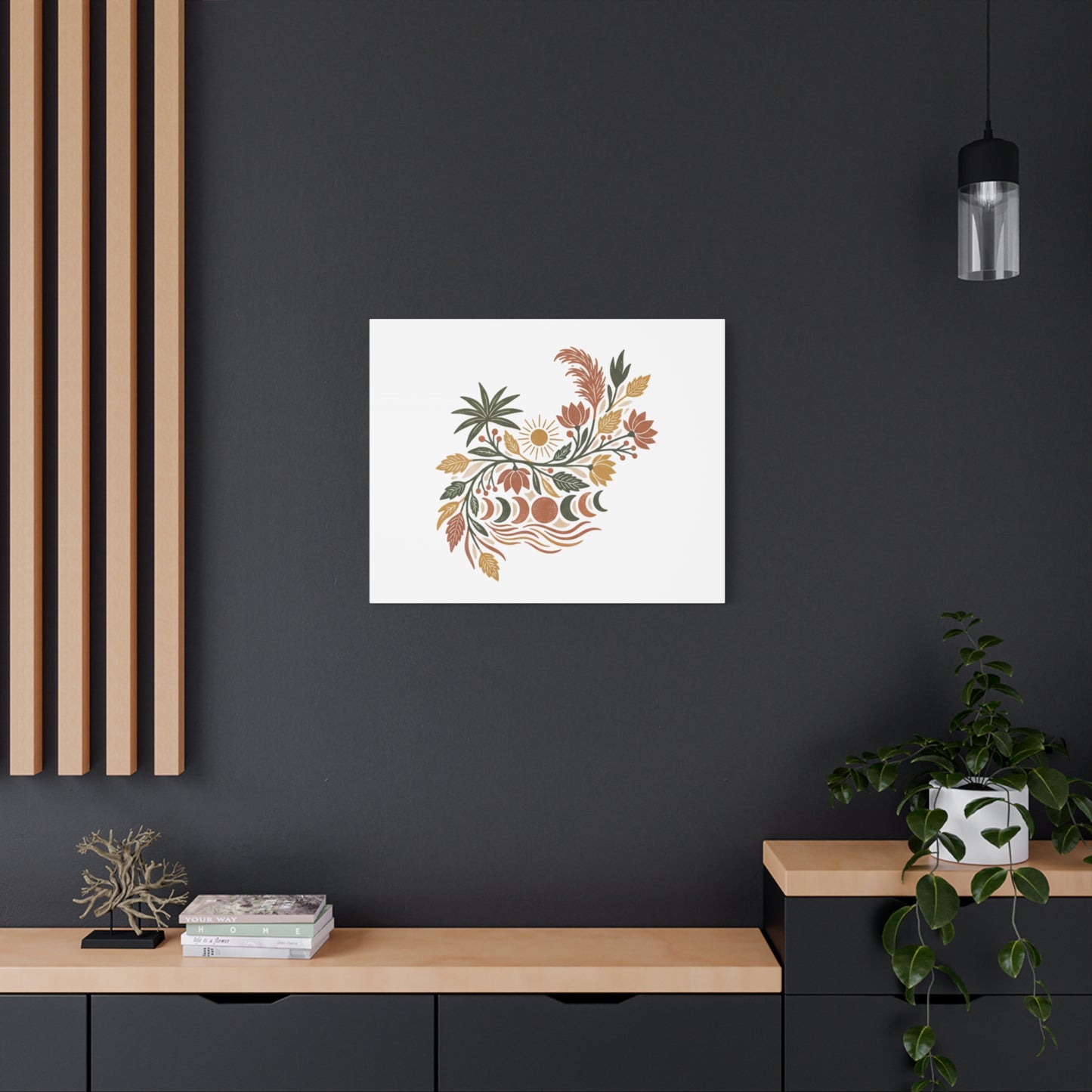 Boho Floral Moon Phase Canvas Print — Matte Stretched Wall Art