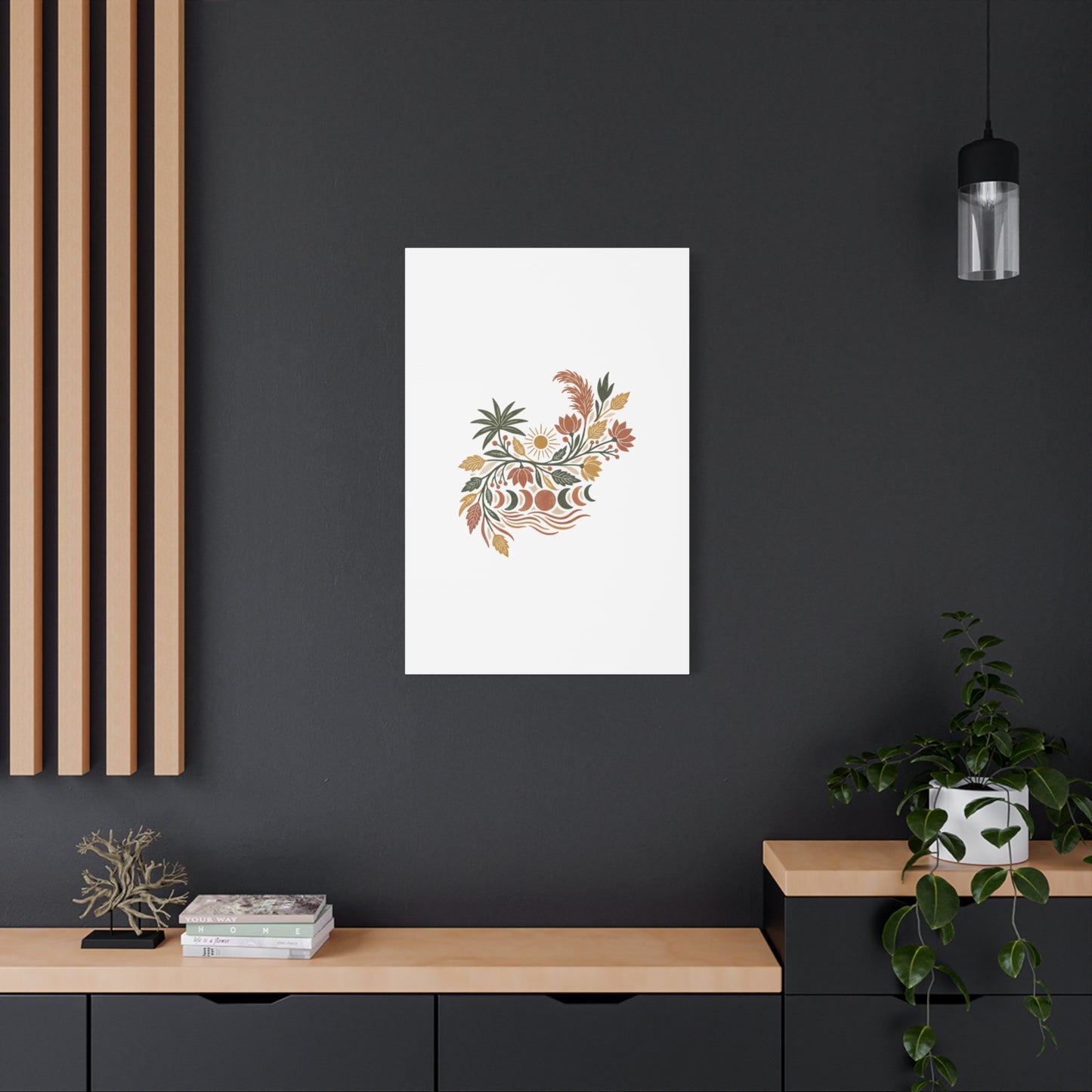 Boho Floral Moon Phase Canvas Print — Matte Stretched Wall Art