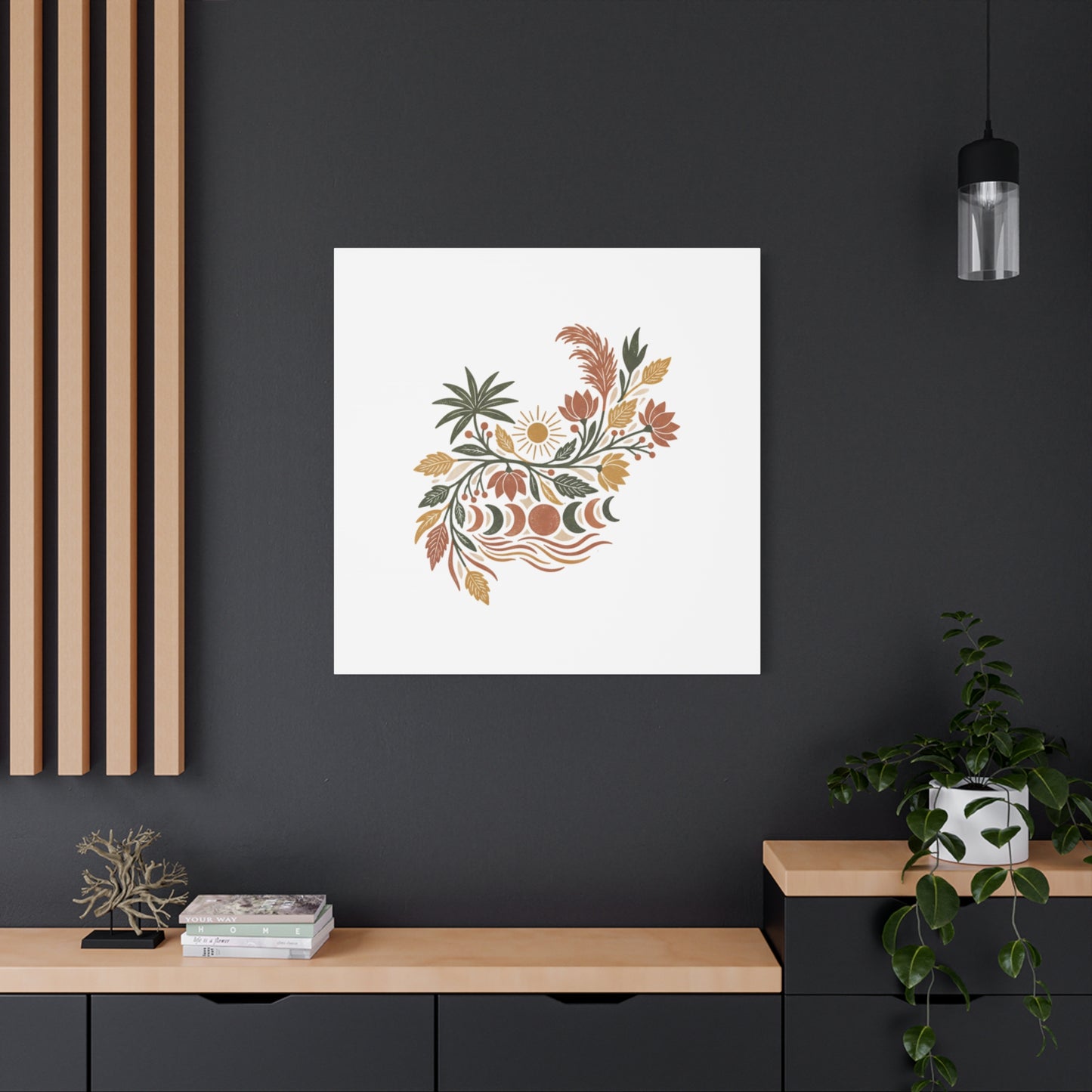 Boho Floral Moon Phase Canvas Print — Matte Stretched Wall Art