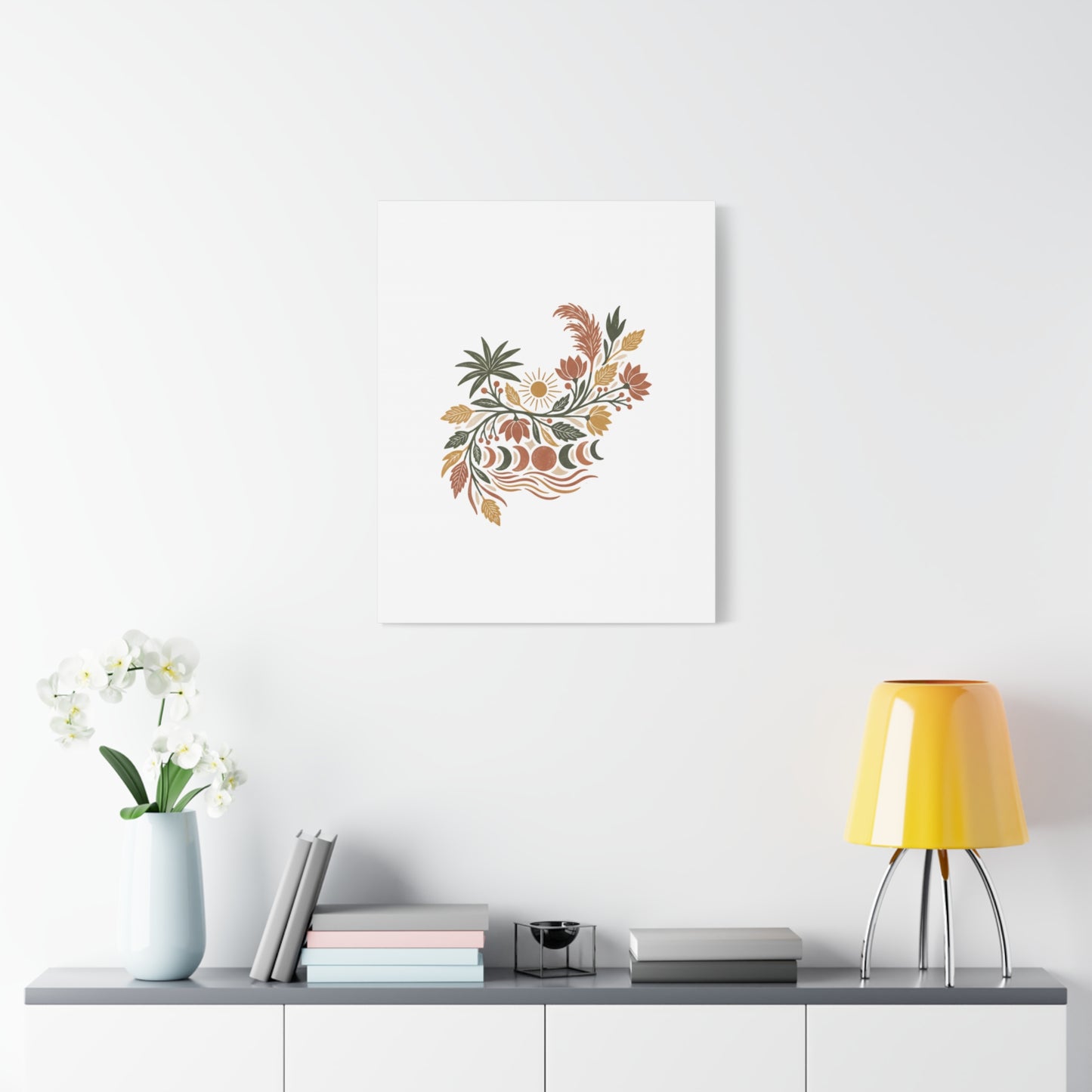 Boho Floral Moon Phase Canvas Print — Matte Stretched Wall Art