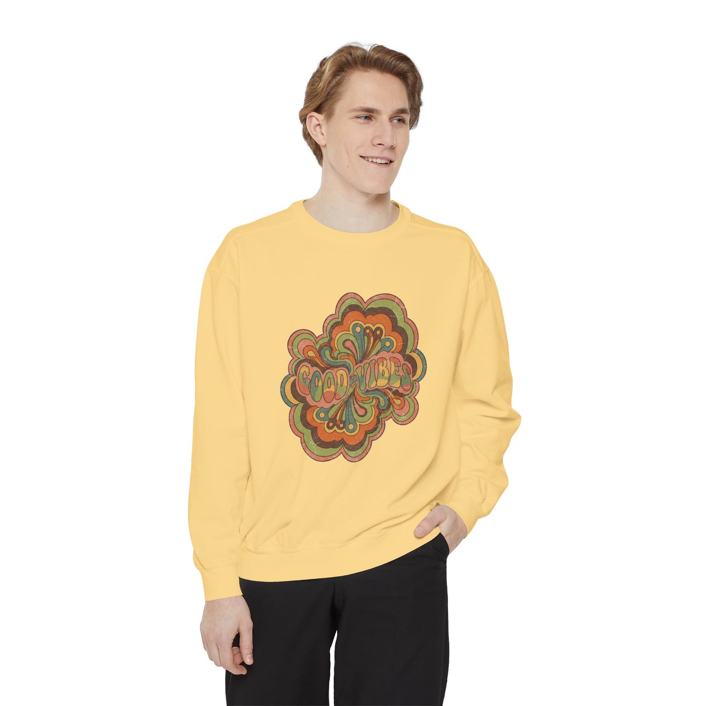 Retro 'Good Vibes' Garment-Dyed Sweatshirt — Vintage Mushroom Graphic