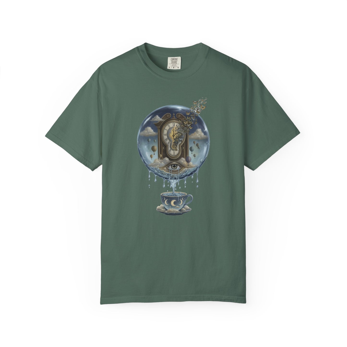 Surreal Tea Time T-Shirt — Dreamscape Cup & Floating Clock Graphic