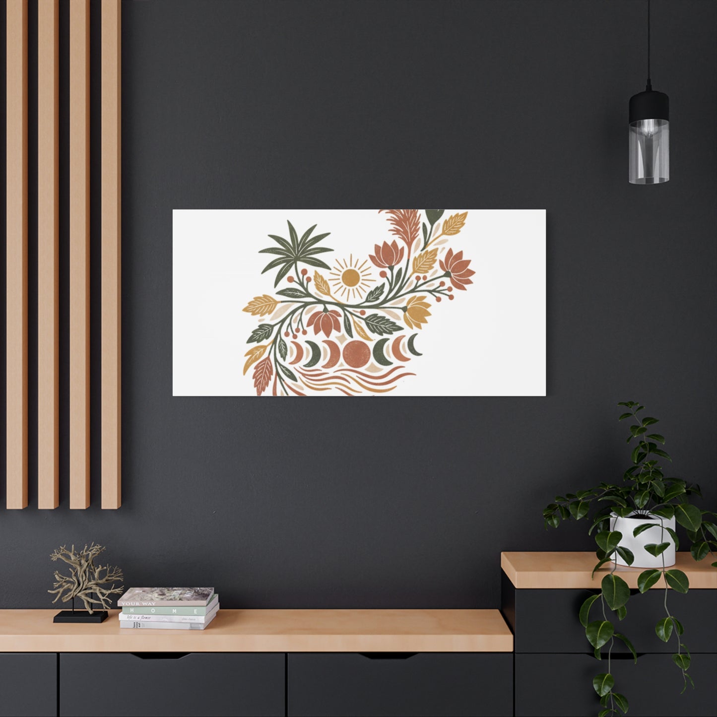 Boho Floral Moon Phase Canvas Print — Matte Stretched Wall Art