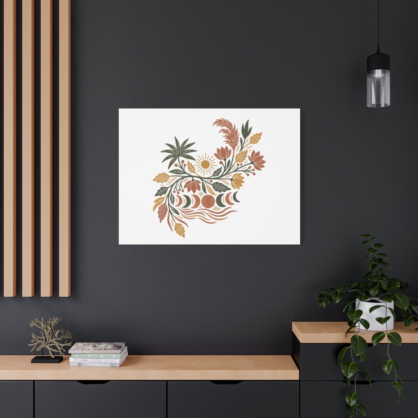 Boho Floral Moon Phase Canvas Print — Matte Stretched Wall Art