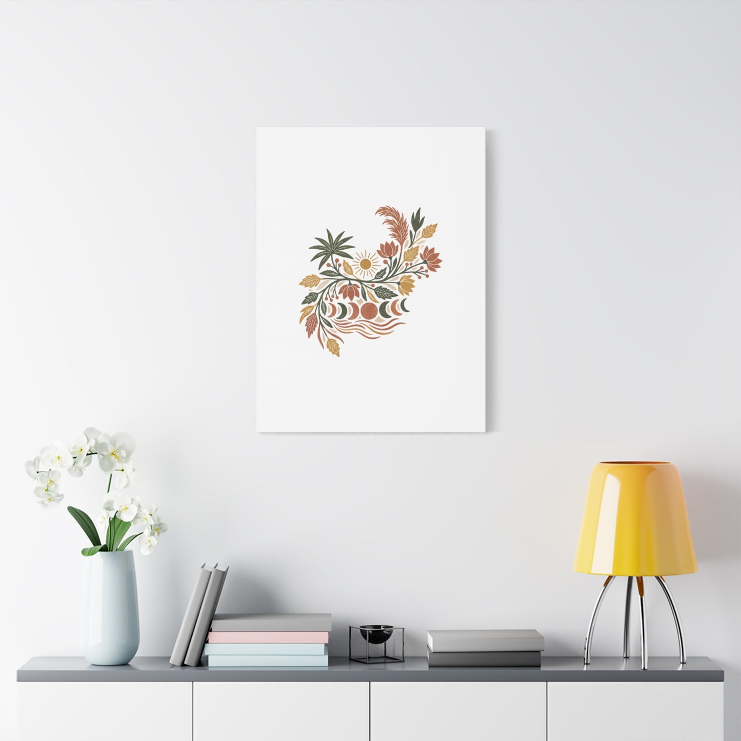 Boho Floral Moon Phase Canvas Print — Matte Stretched Wall Art