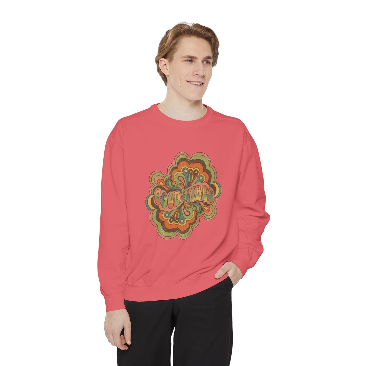 Retro 'Good Vibes' Garment-Dyed Sweatshirt — Vintage Mushroom Graphic
