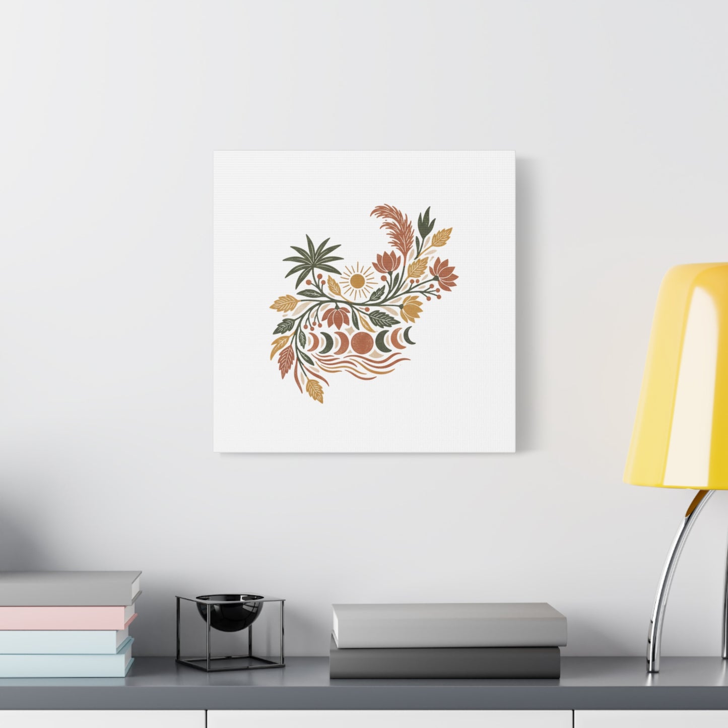 Boho Floral Moon Phase Canvas Print — Matte Stretched Wall Art