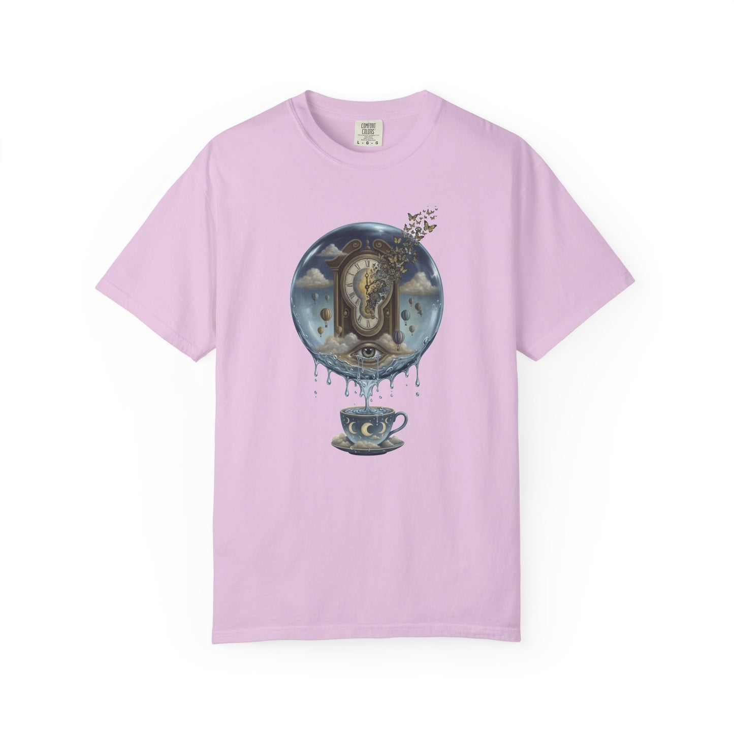 Surreal Tea Time T-Shirt — Dreamscape Cup & Floating Clock Graphic