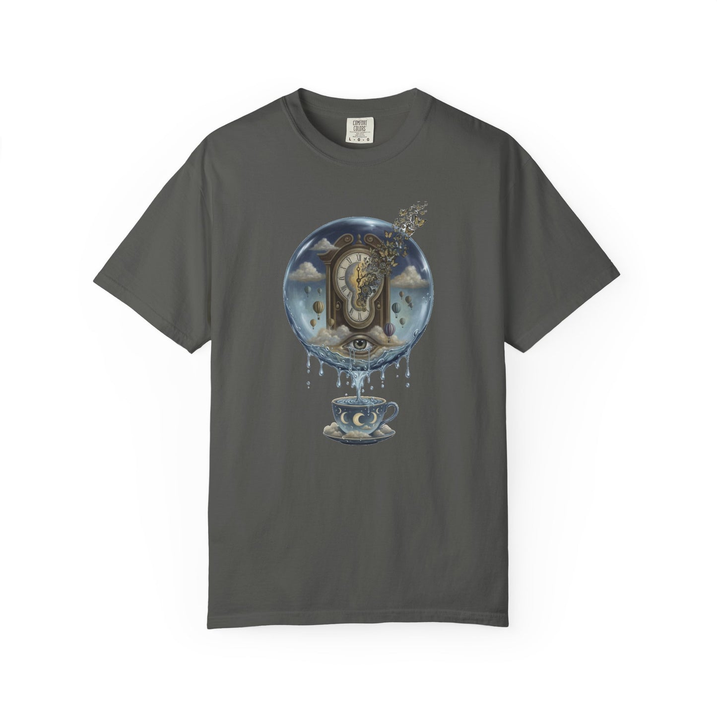 Surreal Tea Time T-Shirt — Dreamscape Cup & Floating Clock Graphic