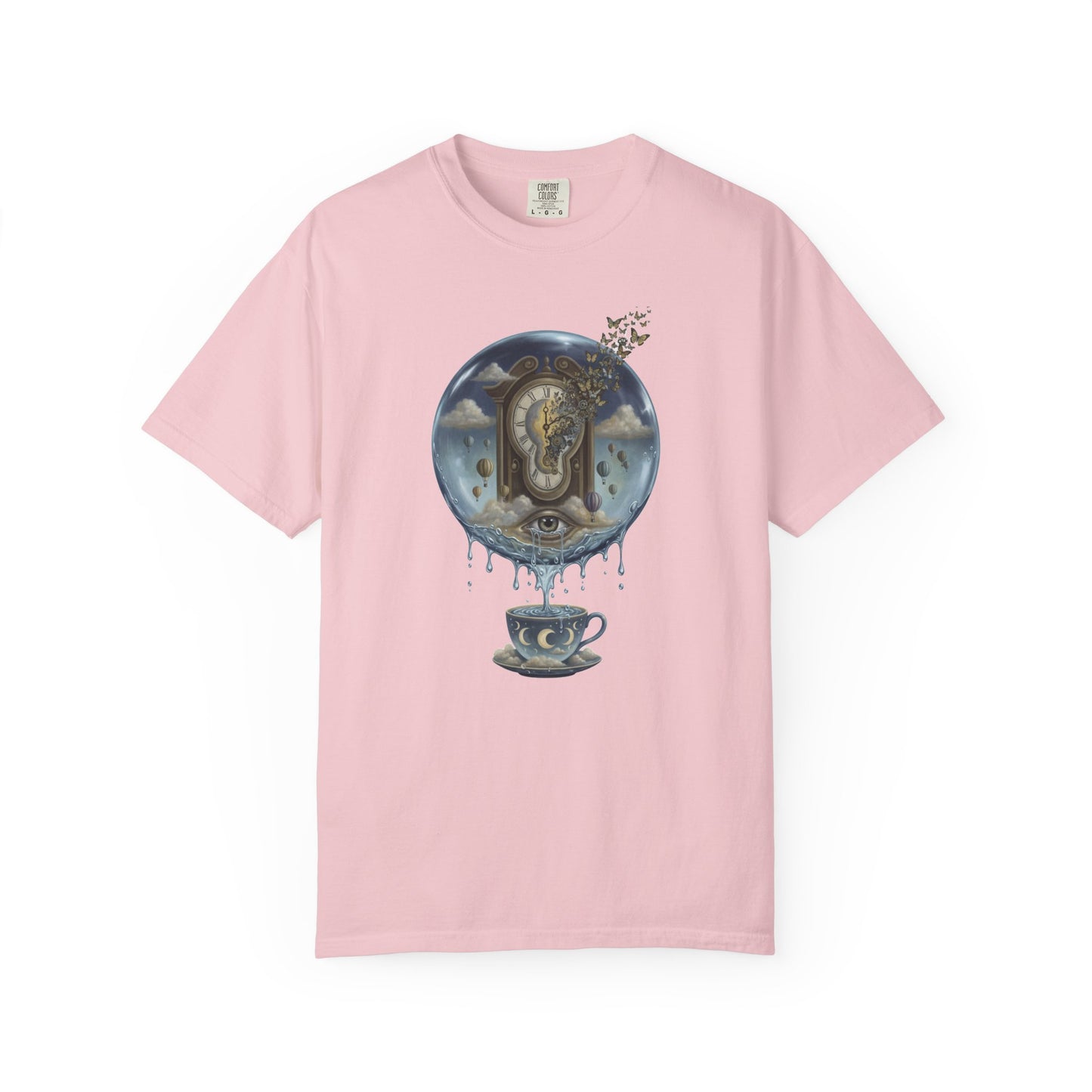 Surreal Tea Time T-Shirt — Dreamscape Cup & Floating Clock Graphic