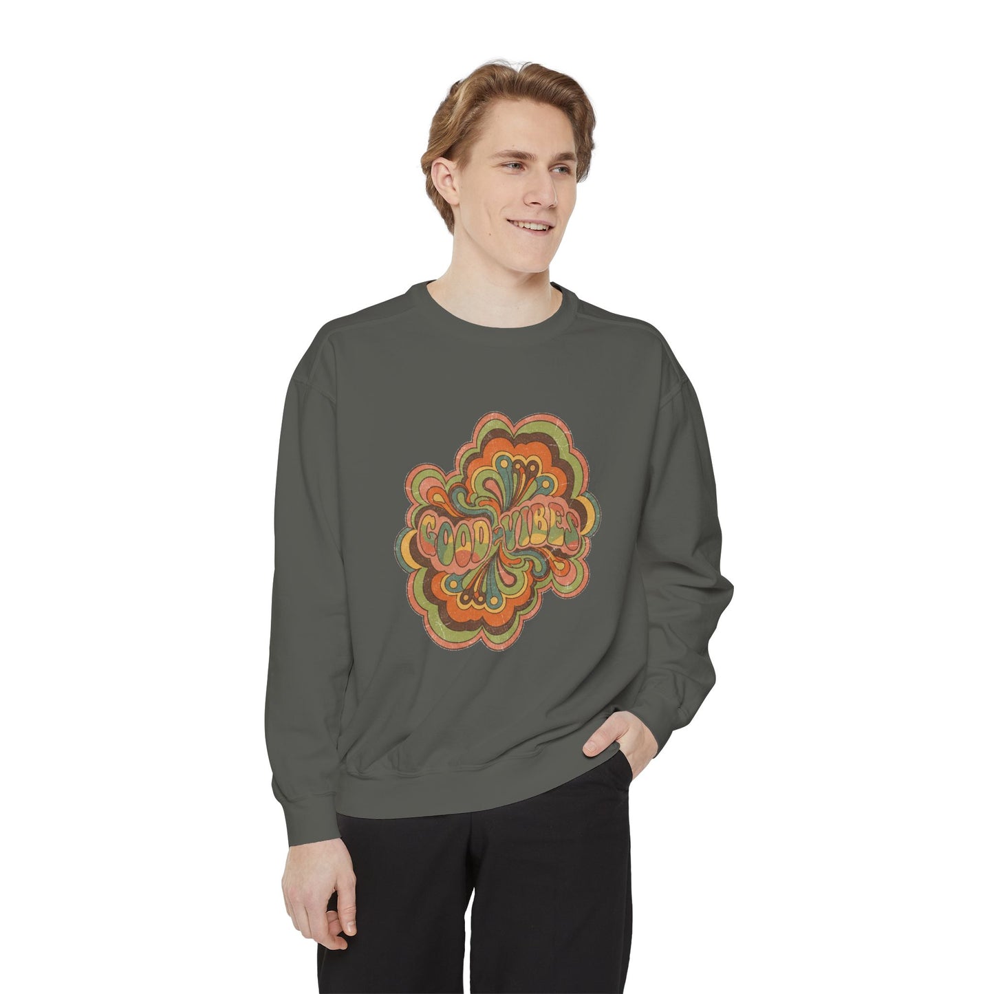 Retro 'Good Vibes' Garment-Dyed Sweatshirt — Vintage Mushroom Graphic