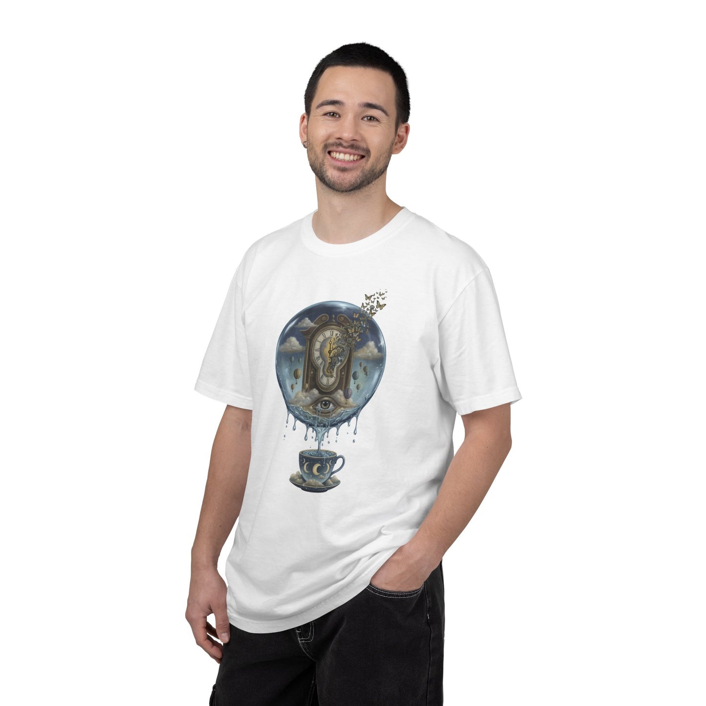 Surreal Tea Time T-Shirt — Dreamscape Cup & Floating Clock Graphic
