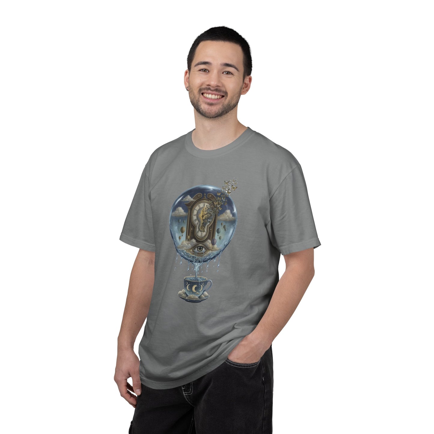 Surreal Tea Time T-Shirt — Dreamscape Cup & Floating Clock Graphic