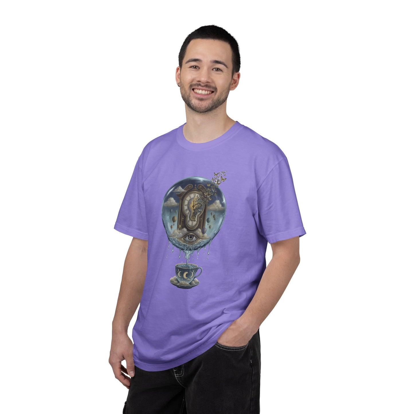 Surreal Tea Time T-Shirt — Dreamscape Cup & Floating Clock Graphic