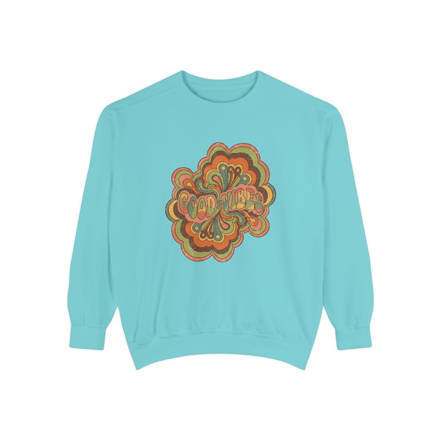 Retro 'Good Vibes' Garment-Dyed Sweatshirt — Vintage Mushroom Graphic