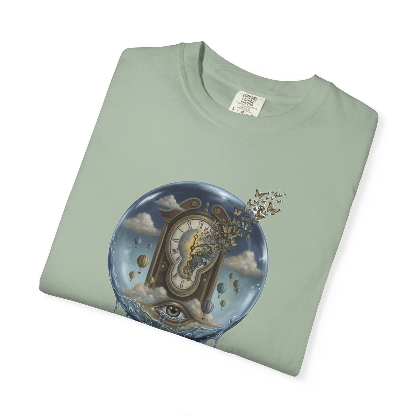 Surreal Tea Time T-Shirt — Dreamscape Cup & Floating Clock Graphic