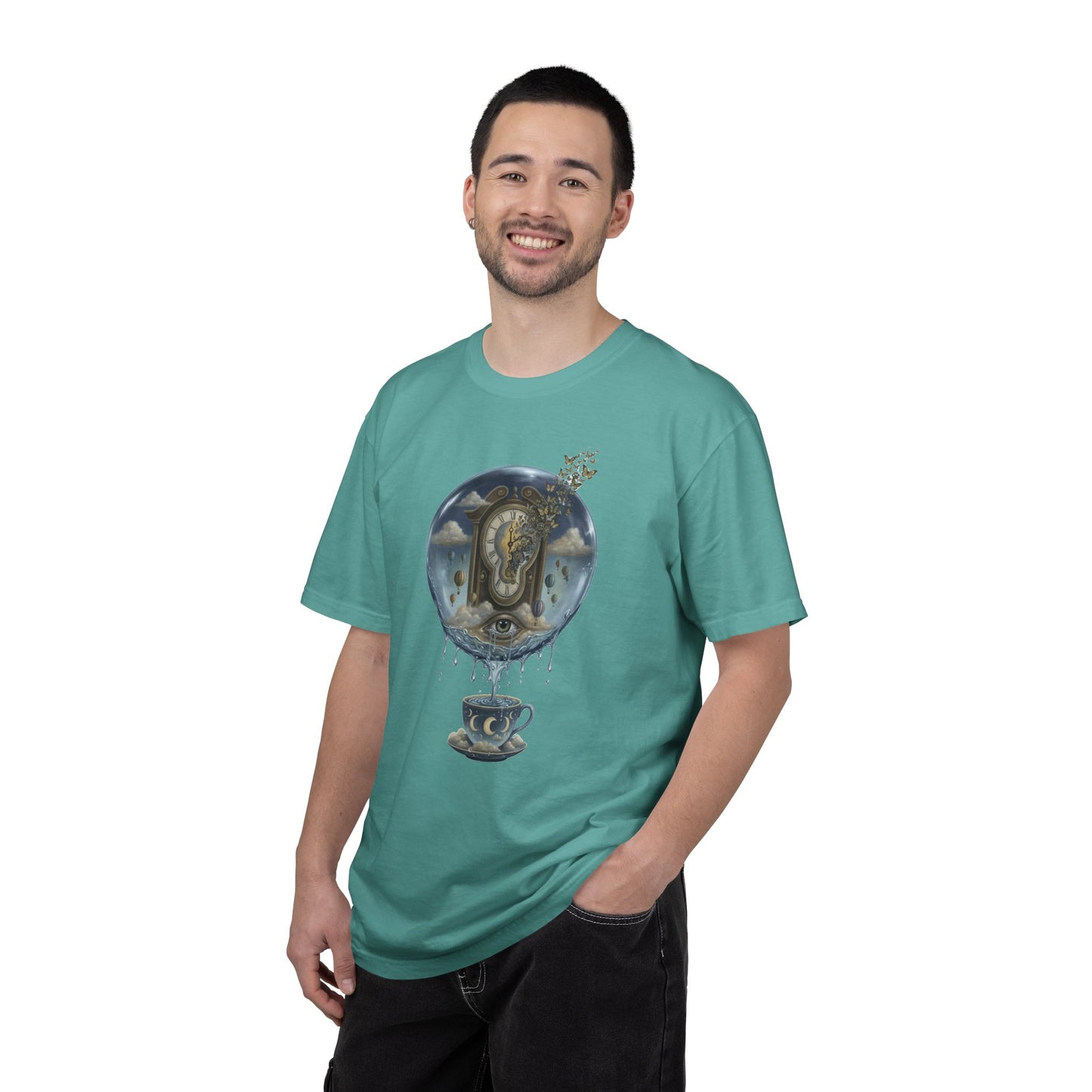 Surreal Tea Time T-Shirt — Dreamscape Cup & Floating Clock Graphic