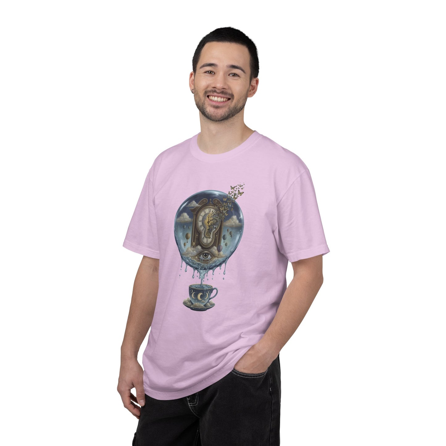 Surreal Tea Time T-Shirt — Dreamscape Cup & Floating Clock Graphic