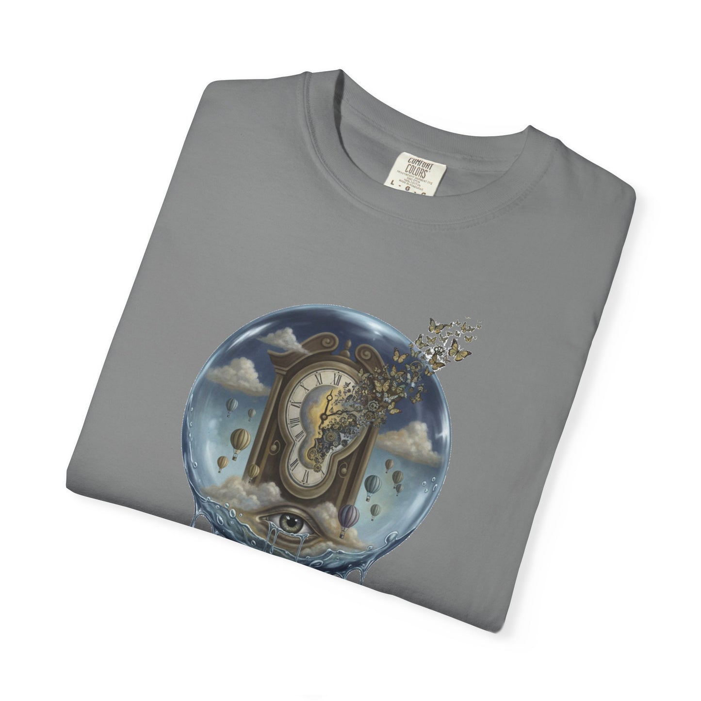 Surreal Tea Time T-Shirt — Dreamscape Cup & Floating Clock Graphic