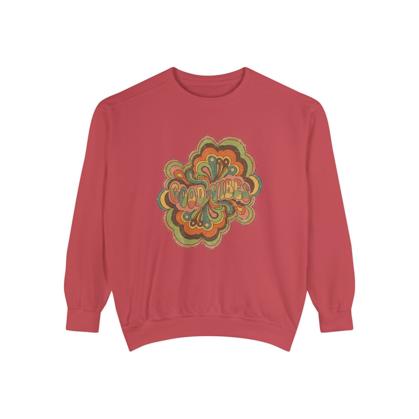 Retro 'Good Vibes' Garment-Dyed Sweatshirt — Vintage Mushroom Graphic