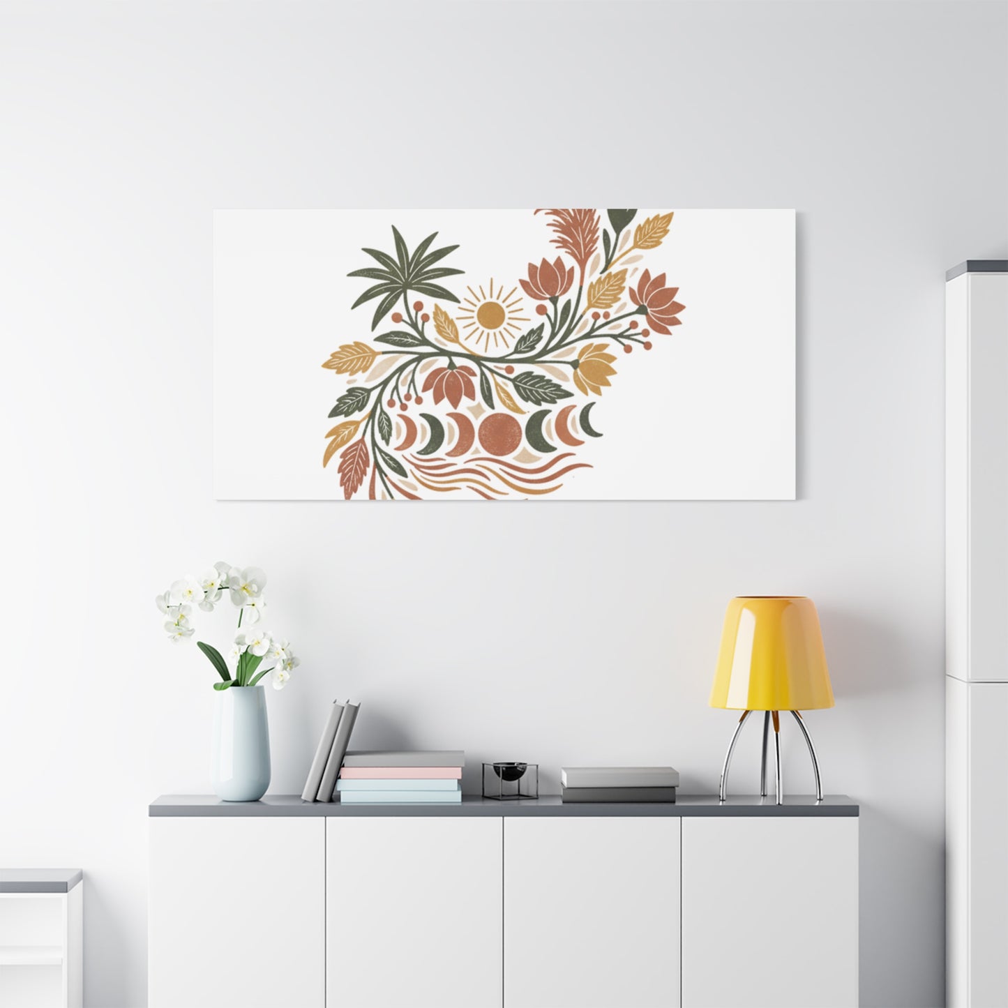 Boho Floral Moon Phase Canvas Print — Matte Stretched Wall Art