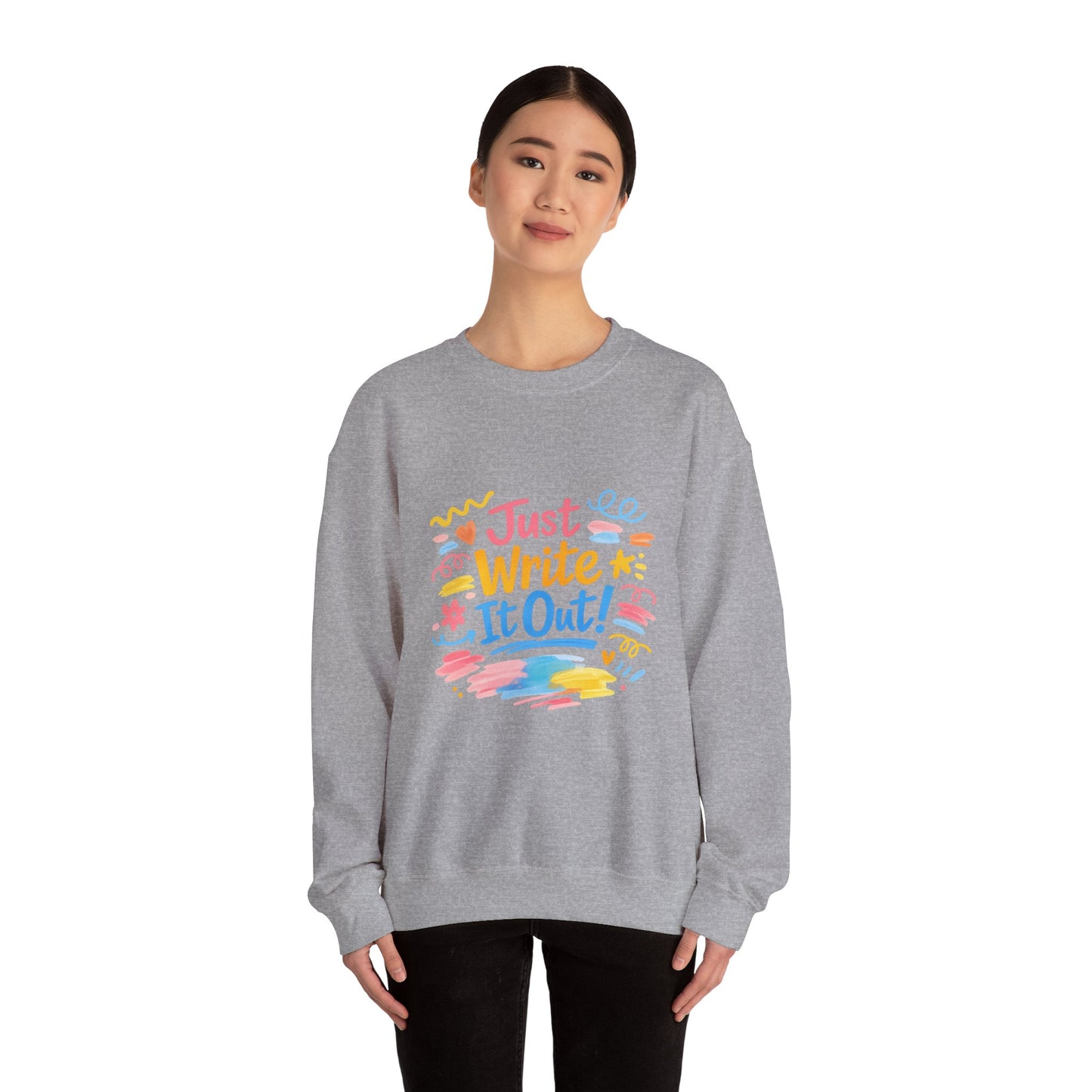 Just Write It Out, hand-drawn marker doodle crewneck sweatshirt | sketchbook style