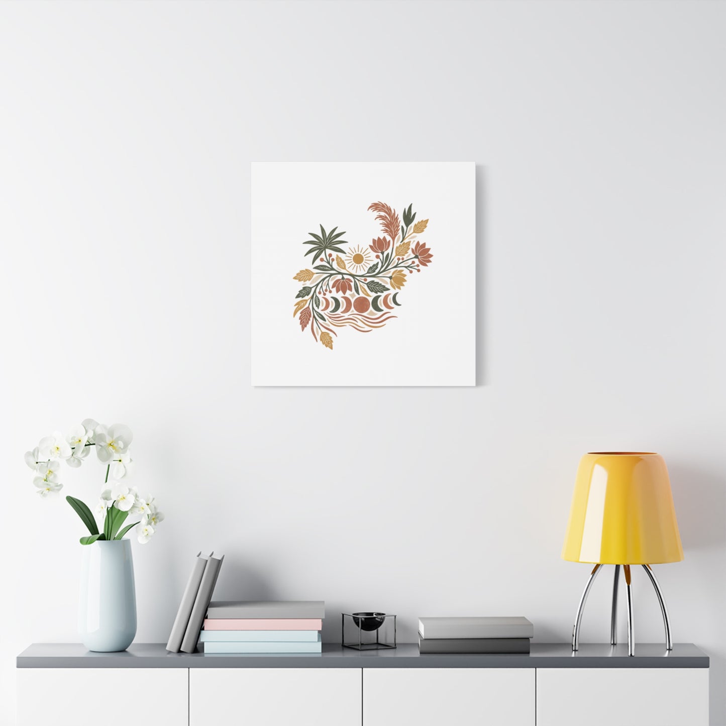 Boho Floral Moon Phase Canvas Print — Matte Stretched Wall Art