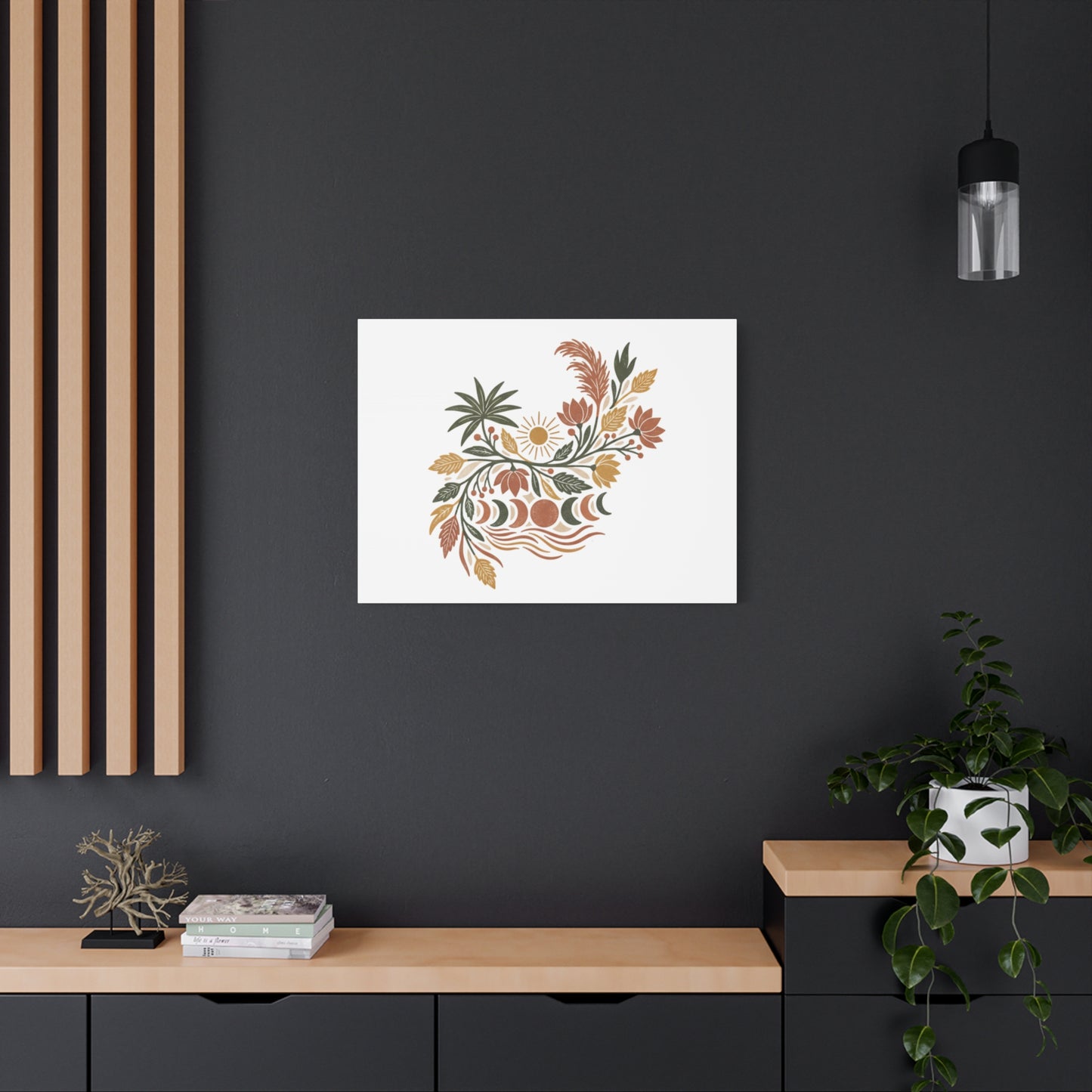Boho Floral Moon Phase Canvas Print — Matte Stretched Wall Art