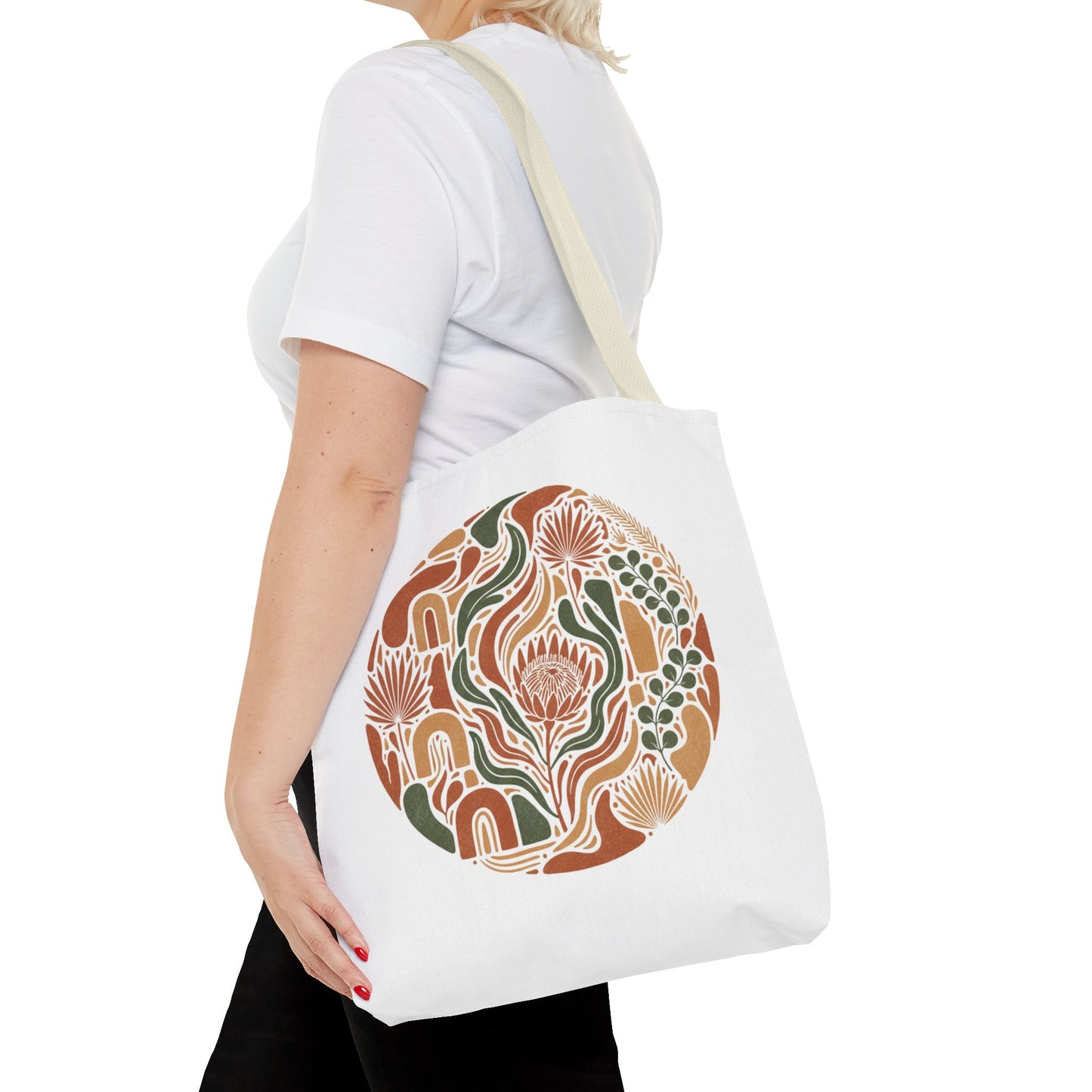 Floral Boho Tote Bag — Earthy Retro Circle Print