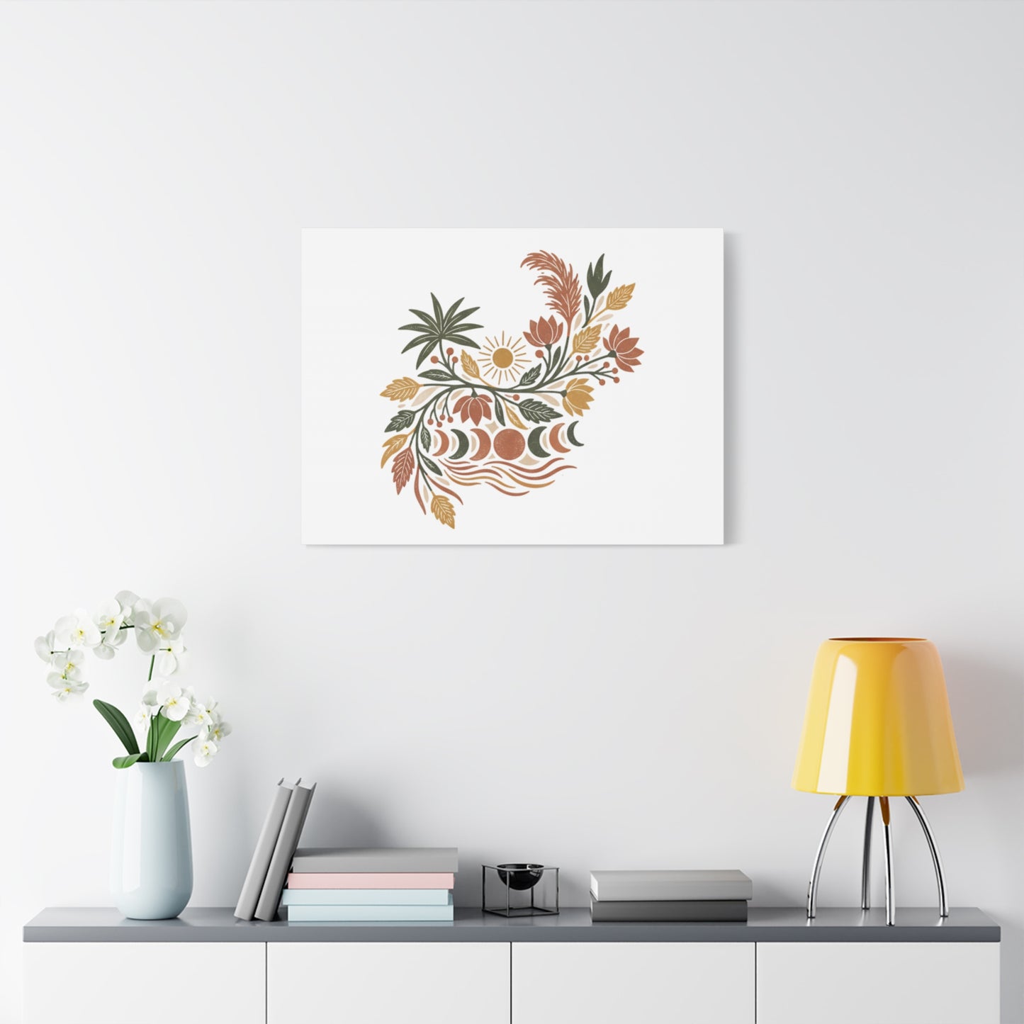 Boho Floral Moon Phase Canvas Print — Matte Stretched Wall Art
