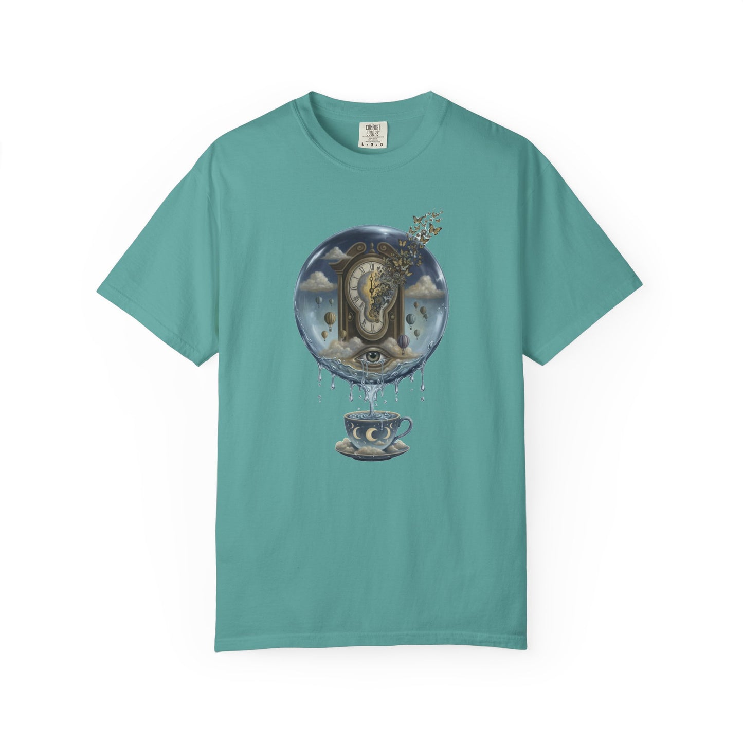 Surreal Tea Time T-Shirt — Dreamscape Cup & Floating Clock Graphic