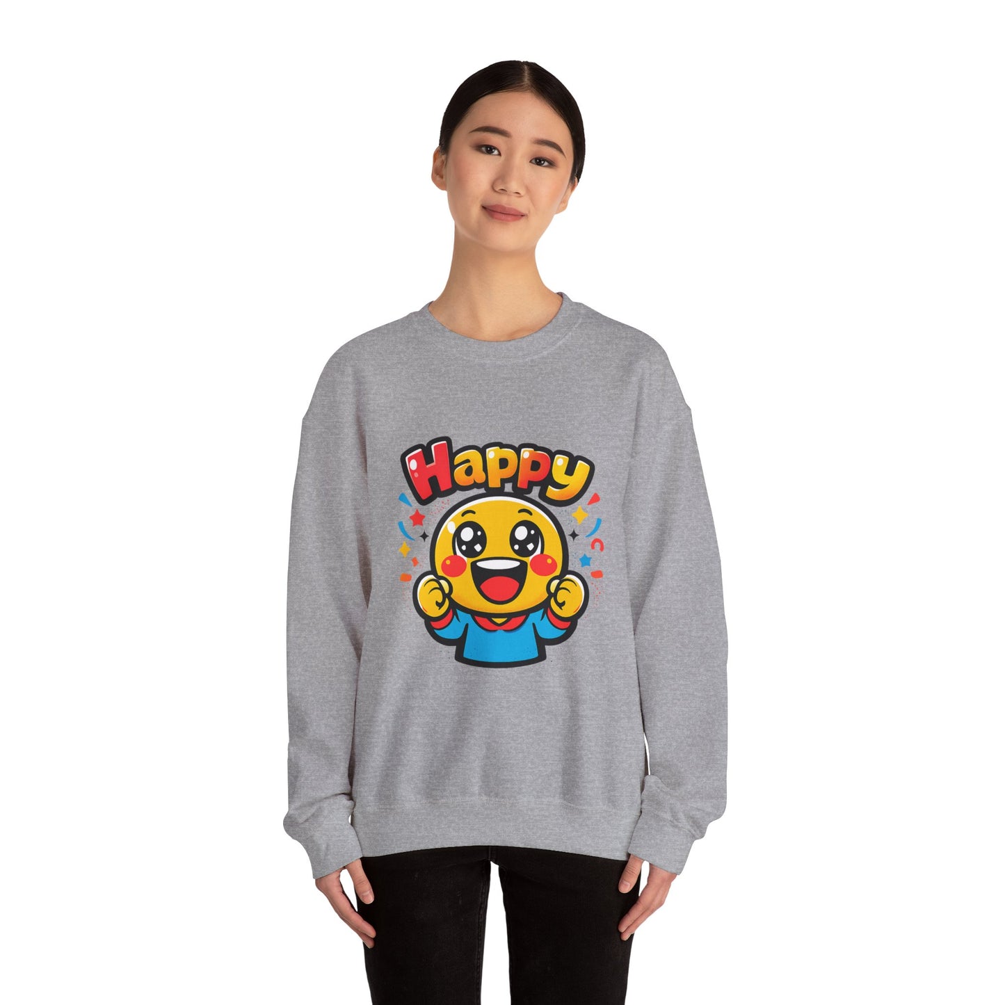 Happy Emoji Cartoon Crewneck Sweatshirt | kawaii minimal, thick outline