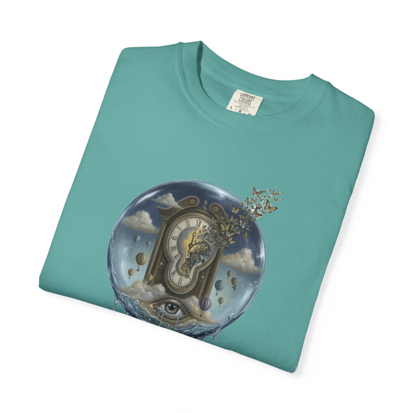 Surreal Tea Time T-Shirt — Dreamscape Cup & Floating Clock Graphic
