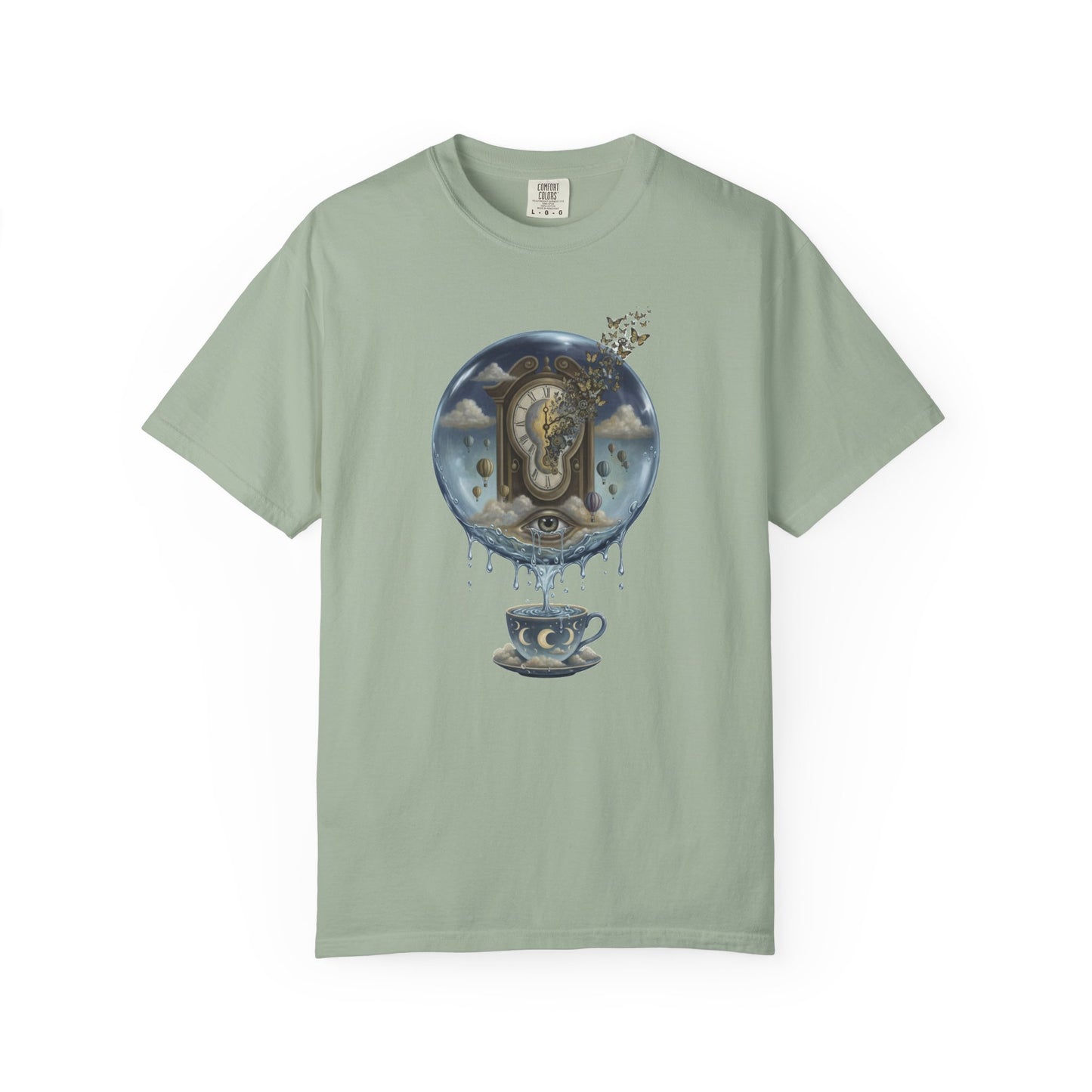 Surreal Tea Time T-Shirt — Dreamscape Cup & Floating Clock Graphic