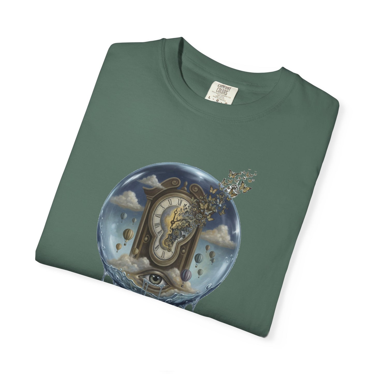 Surreal Tea Time T-Shirt — Dreamscape Cup & Floating Clock Graphic