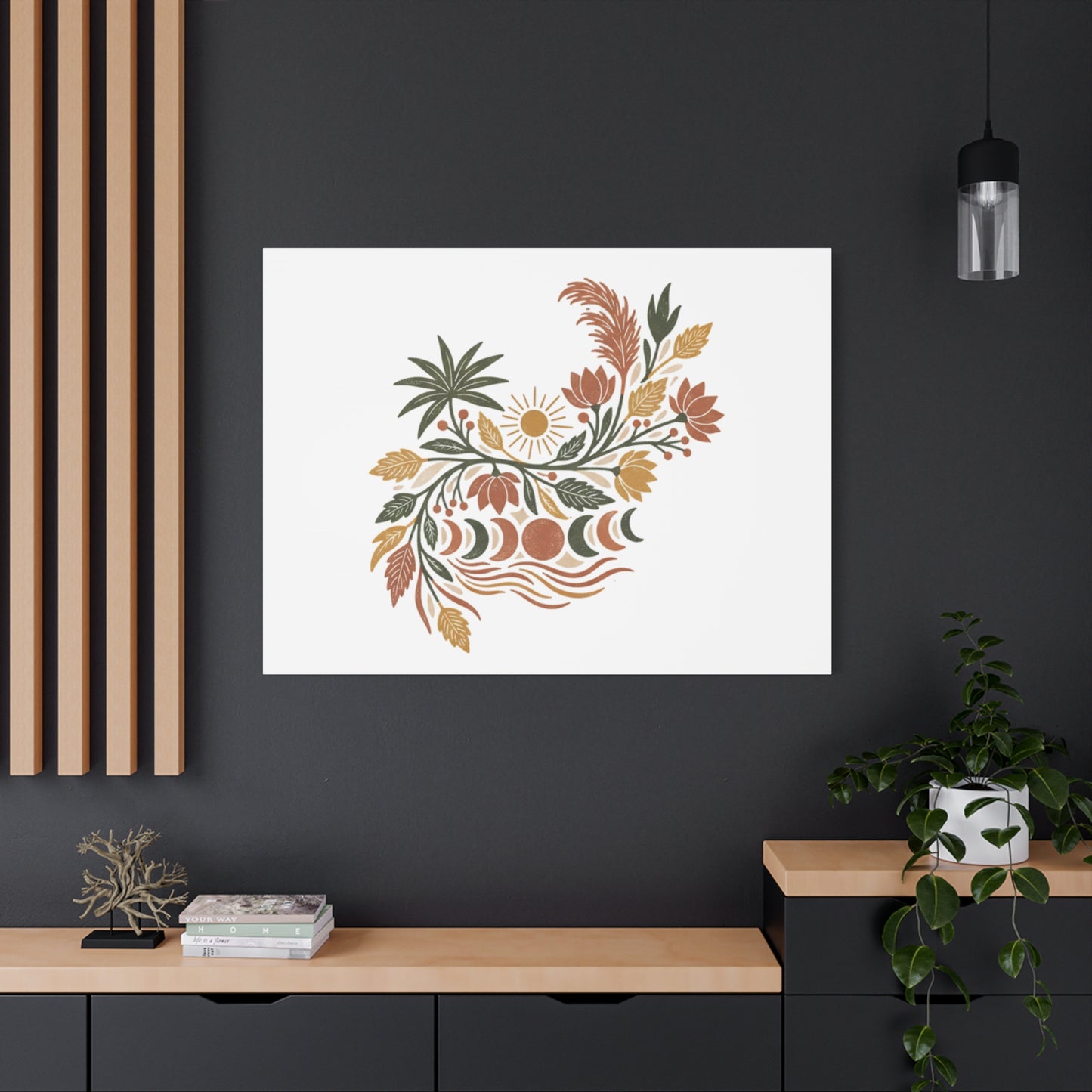 Boho Floral Moon Phase Canvas Print — Matte Stretched Wall Art