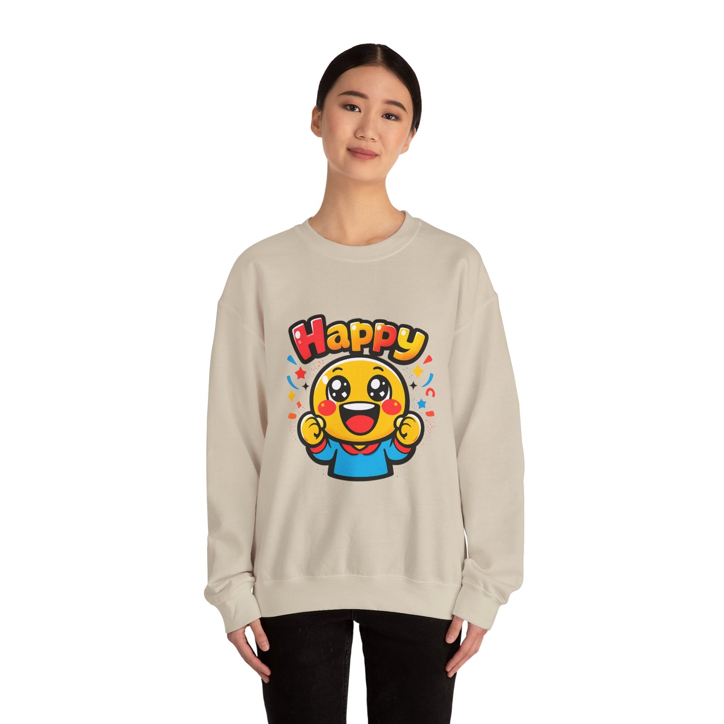 Happy Emoji Cartoon Crewneck Sweatshirt | kawaii minimal, thick outline