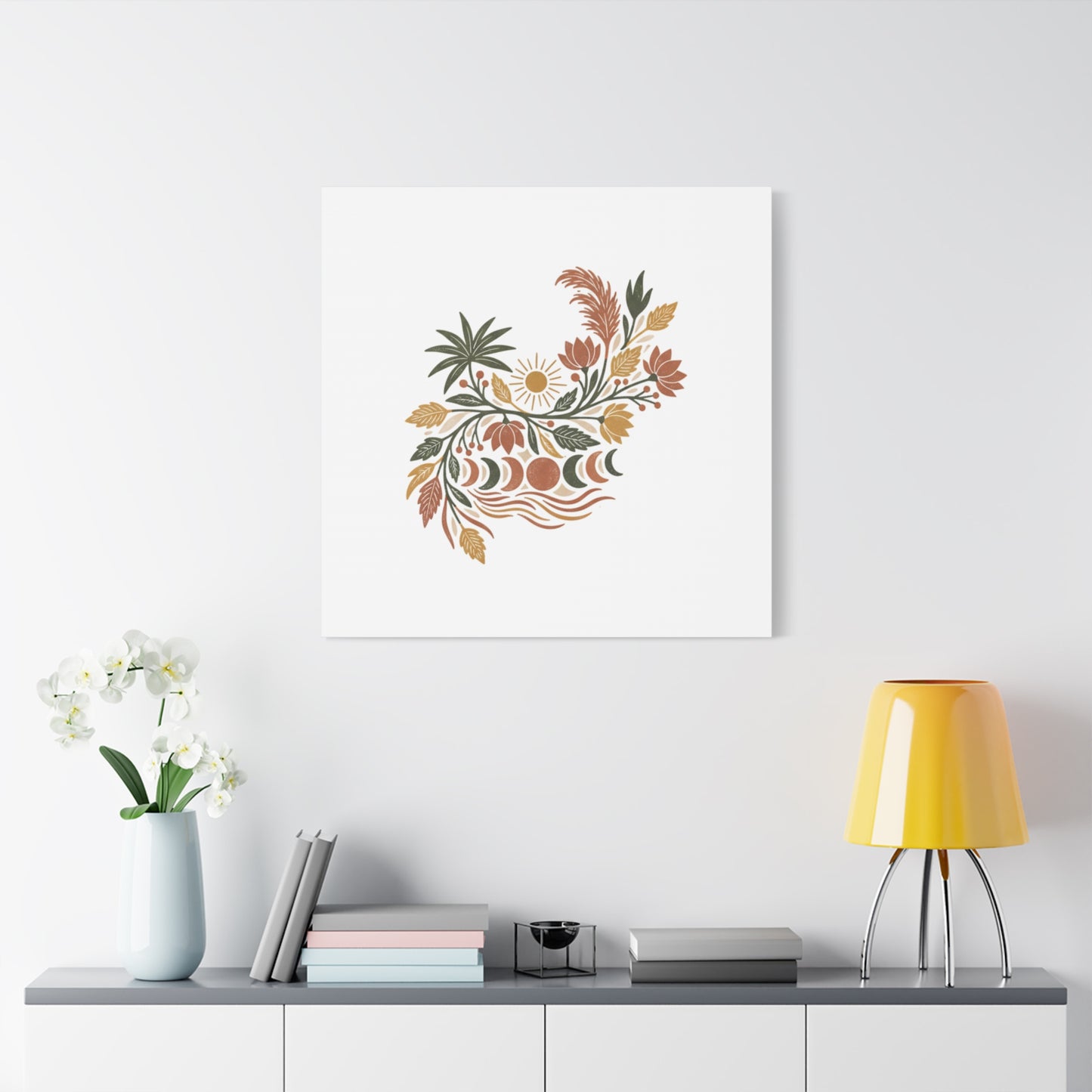 Boho Floral Moon Phase Canvas Print — Matte Stretched Wall Art
