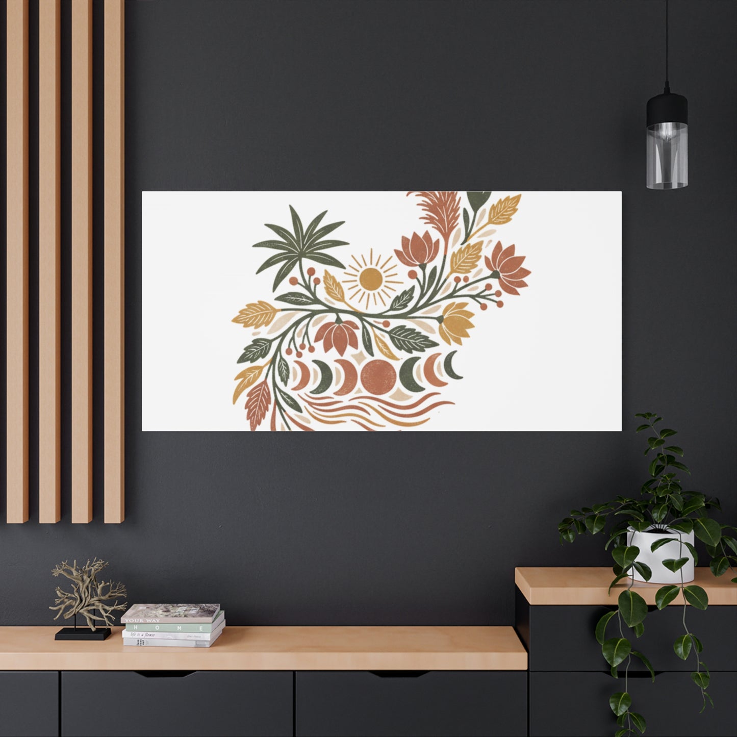 Boho Floral Moon Phase Canvas Print — Matte Stretched Wall Art