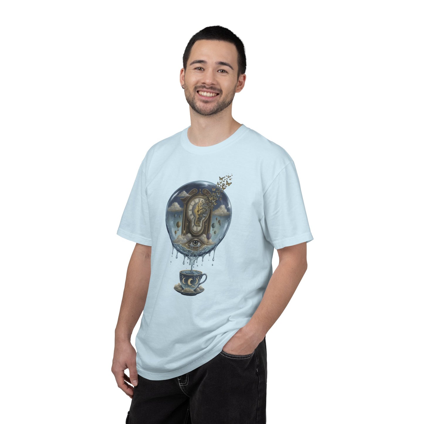 Surreal Tea Time T-Shirt — Dreamscape Cup & Floating Clock Graphic
