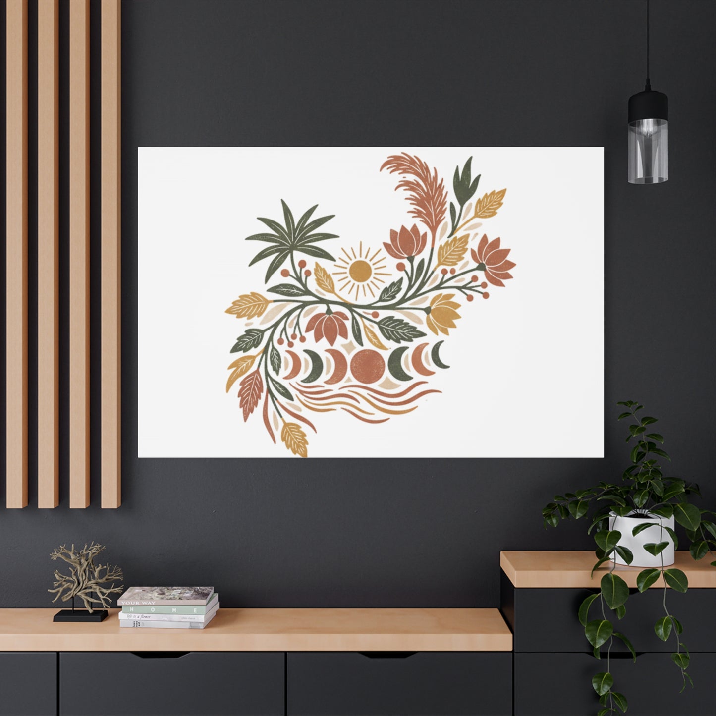 Boho Floral Moon Phase Canvas Print — Matte Stretched Wall Art