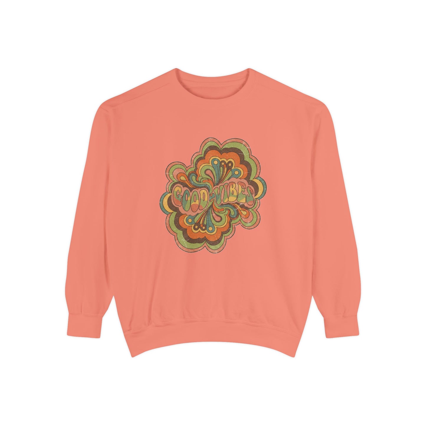 Retro 'Good Vibes' Garment-Dyed Sweatshirt — Vintage Mushroom Graphic