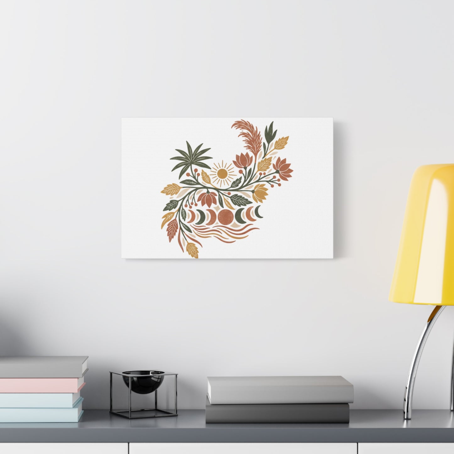 Boho Floral Moon Phase Canvas Print — Matte Stretched Wall Art