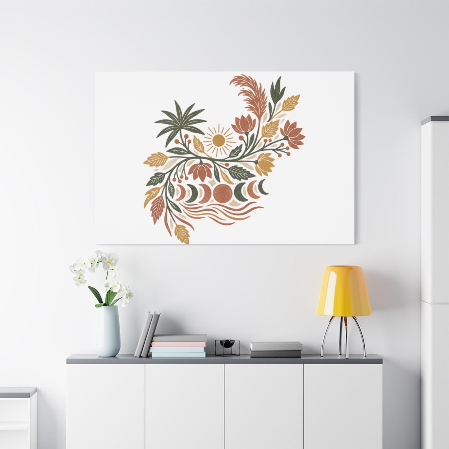 Boho Floral Moon Phase Canvas Print — Matte Stretched Wall Art